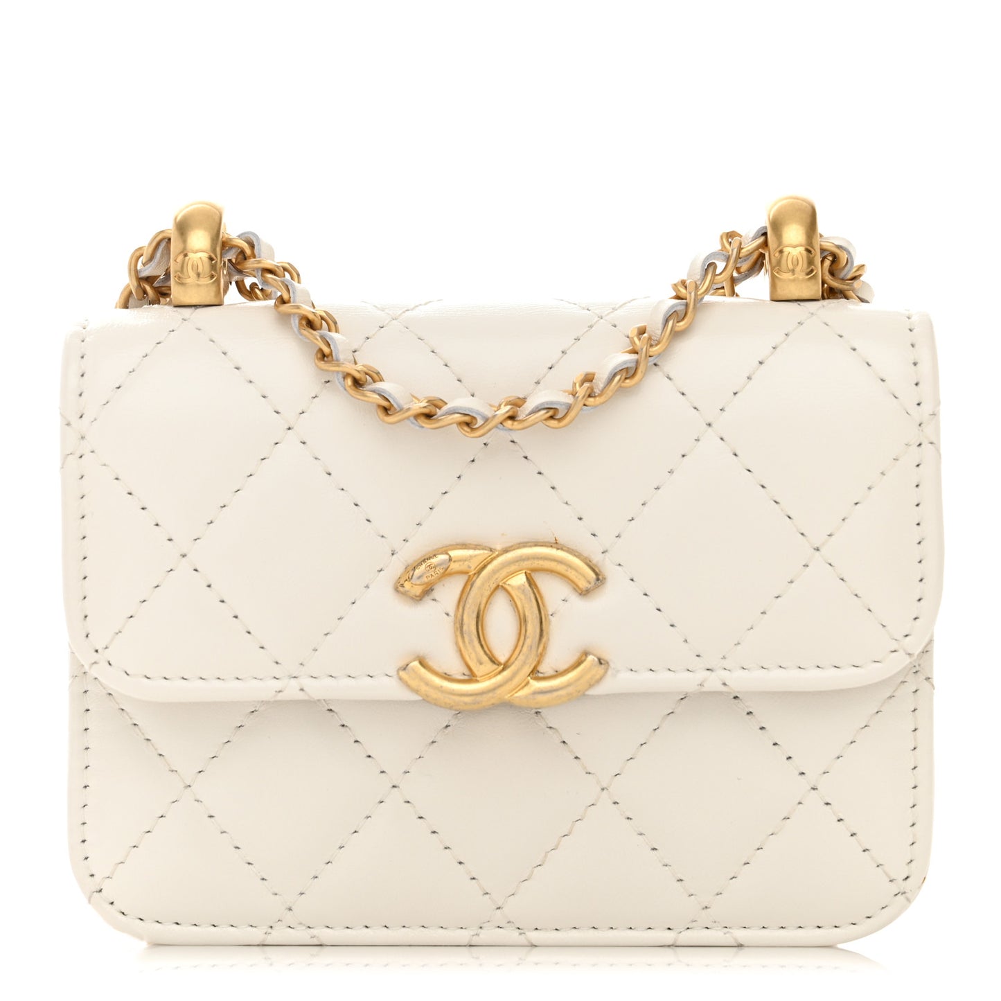 Calfskin Quilted Perfect Fit Coin Purse With Chain White
