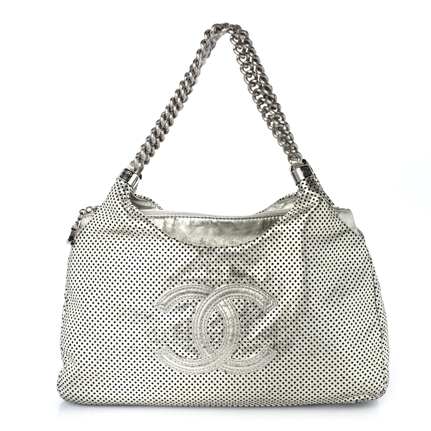 Metallic Glazed Calfskin Perforated Rodeo Drive Hobo Silver