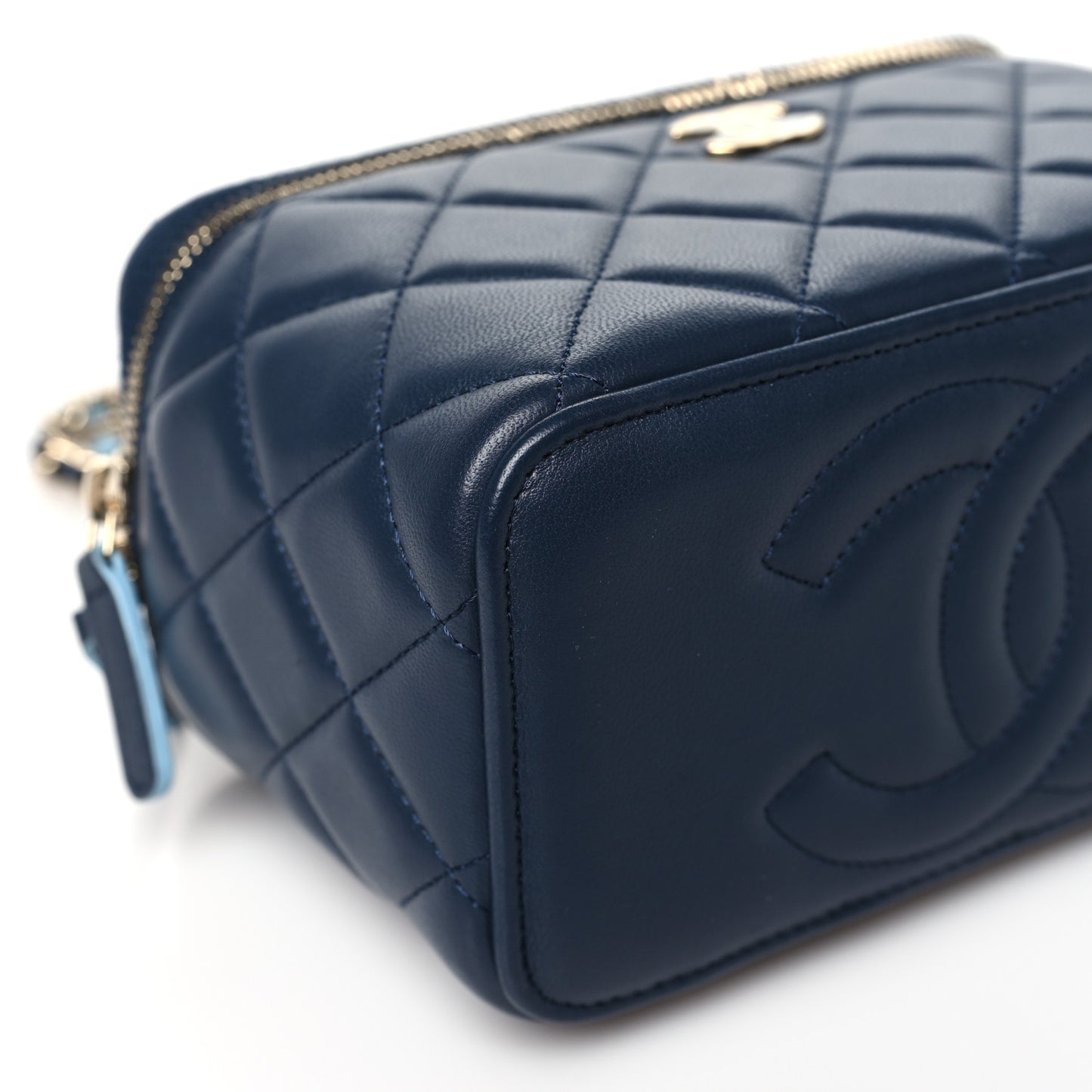 Lambskin Quilted Small Top Handle Vanity Case With Chain Dark Blue Light Blue