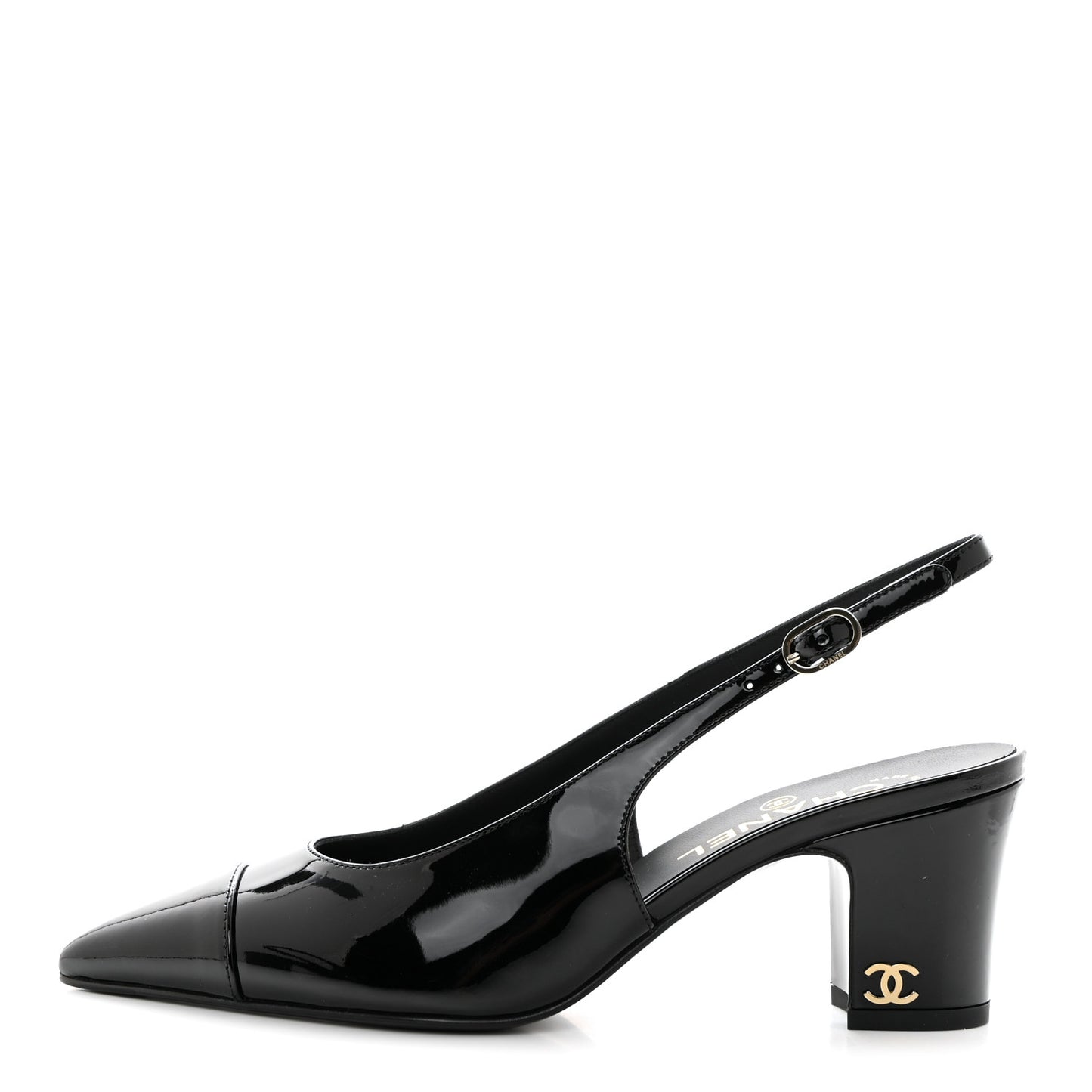Patent Calfskin Cap Toe CC Slingback Pumps 37 Black