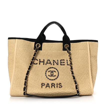 Chanel Straw Raffia Calfskin Chain Medium Deauville Tote Beige Black 1 of 9
