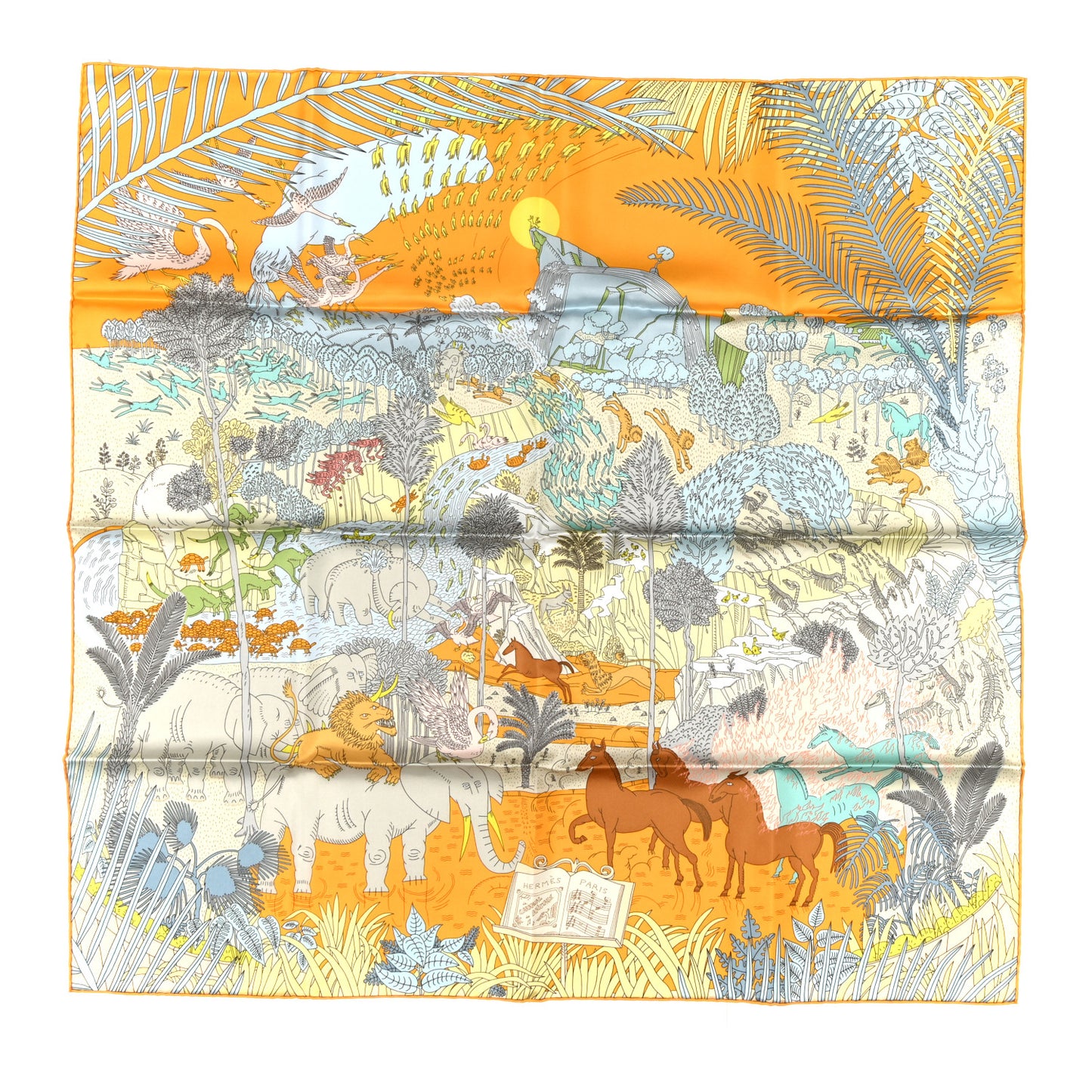Silk Le Carnaval des Animaux Scarf 90 Bouton d'Or Aqua Vert De Gris