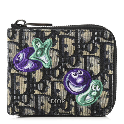 Christian Dior X KENNY SCHARF Oblique Canvas Embroidered Patches Compact Zipped Wallet Charcoal 1 of 6