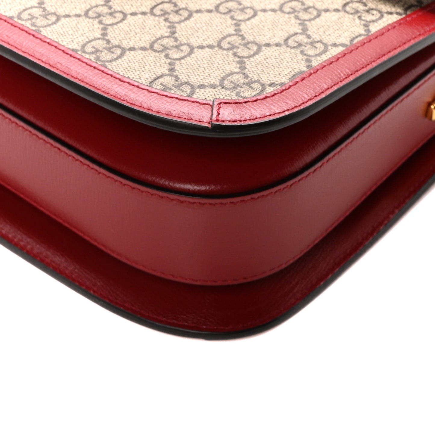 GG Supreme Monogram Azalea Calfskin Horsebit 1955 Shoulder Bag Beige Ebony New Cherry Red