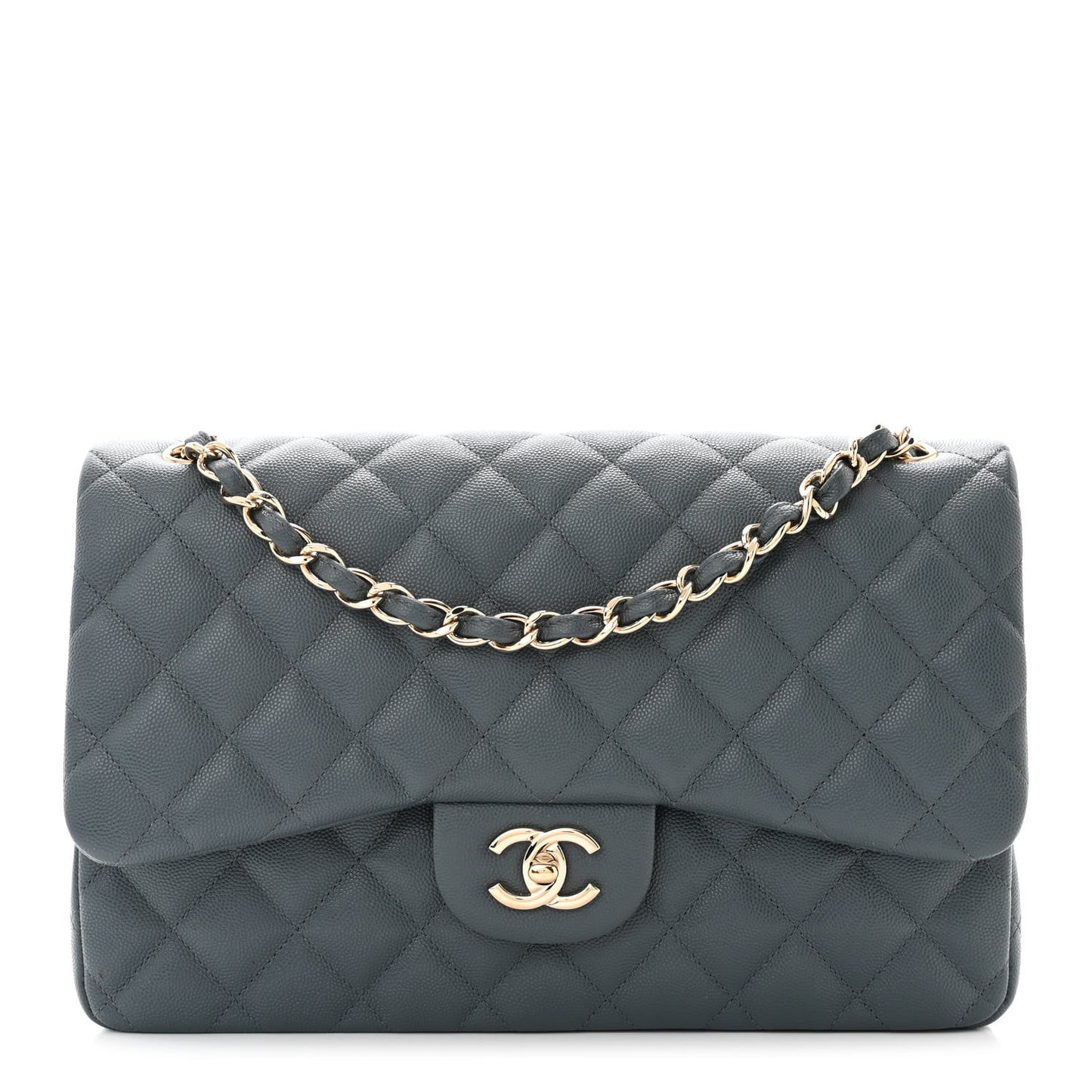 Caviar Quilted Jumbo Double Flap Grey