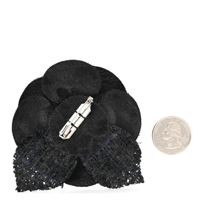 Chanel Tweed Camellia Pin Brooch Black 2 of 5