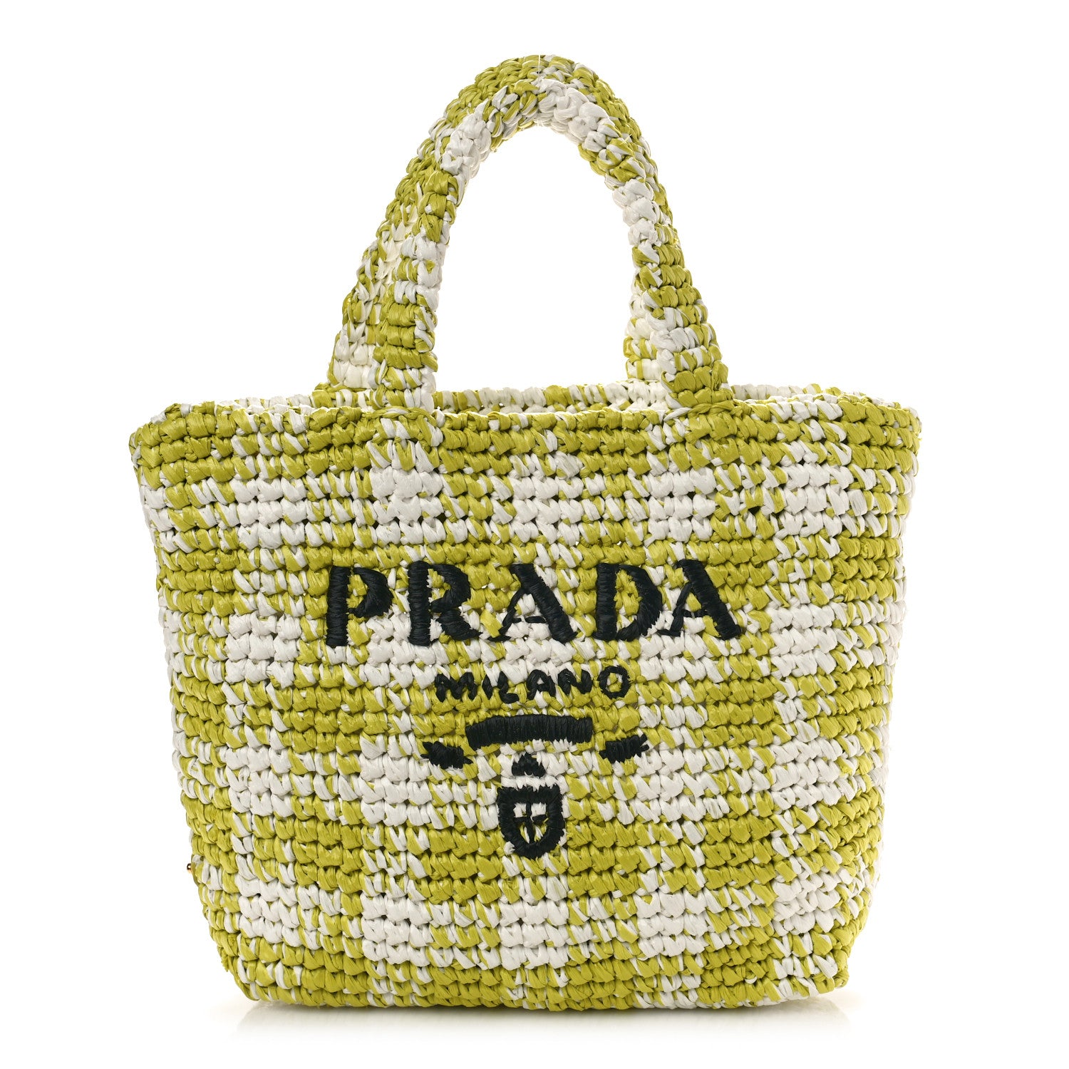 Prada Yarn Raffia Effect Crochet Embroidered Small Logo Tote Citron Yellow 1 of 9