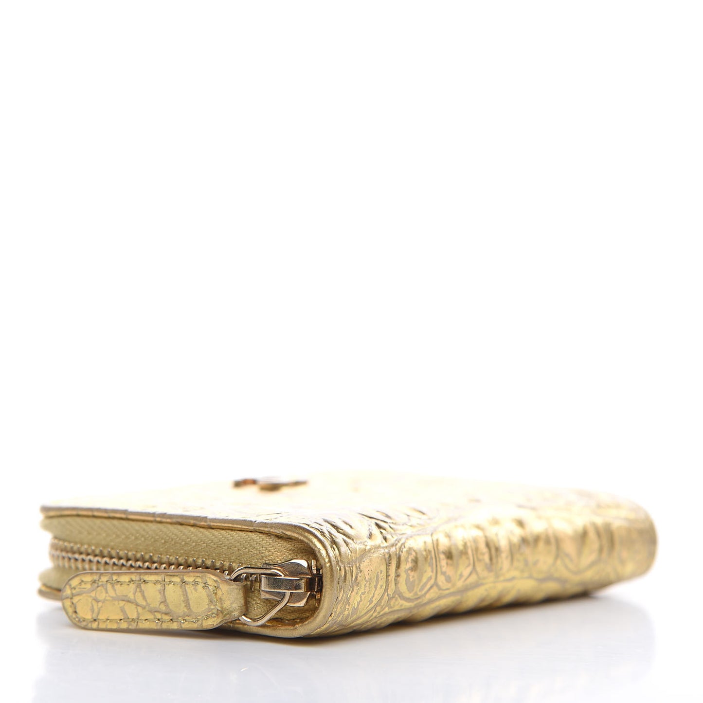 Metallic Calfskin Crocodile Embossed Cocodile Zip Coin Case Gold