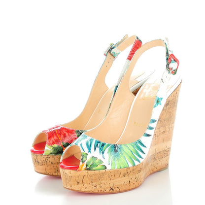 Christian Louboutin Crackled Calfskin Hawaii Print Une Plume Sling 140 Wedges 39 Version White 3 of 8