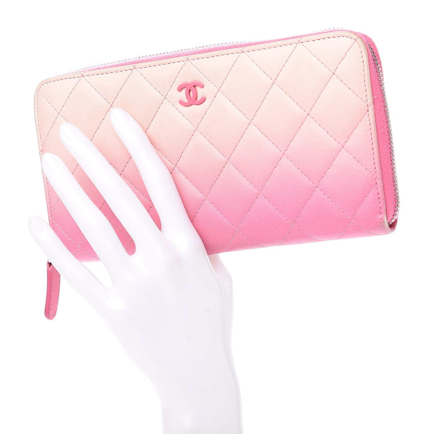 Ombre Patent Calfskin Quilted Large Gusset Zip Around Wallet Pink