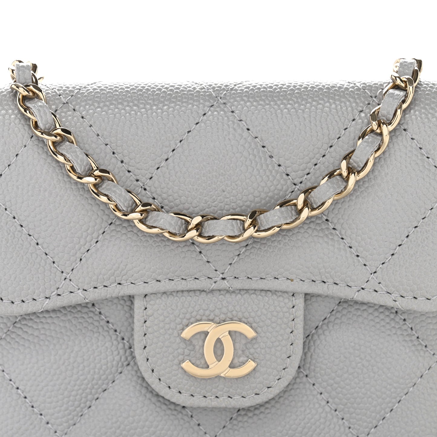 Caviar Quilted Flap Card Holder On Chain Grey