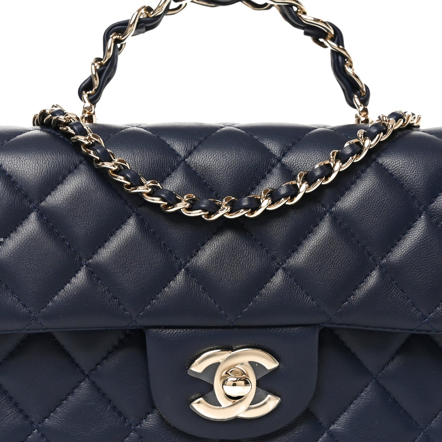Lambskin Quilted Mini Chain Top Handle Rectangular Flap Navy