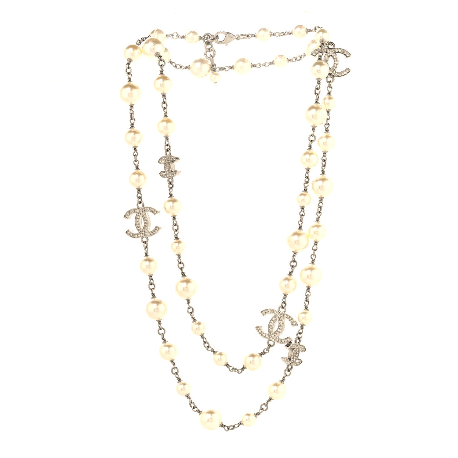 Chanel Graduated Pearl Crystal CC Long Necklace Silver 3 of 5