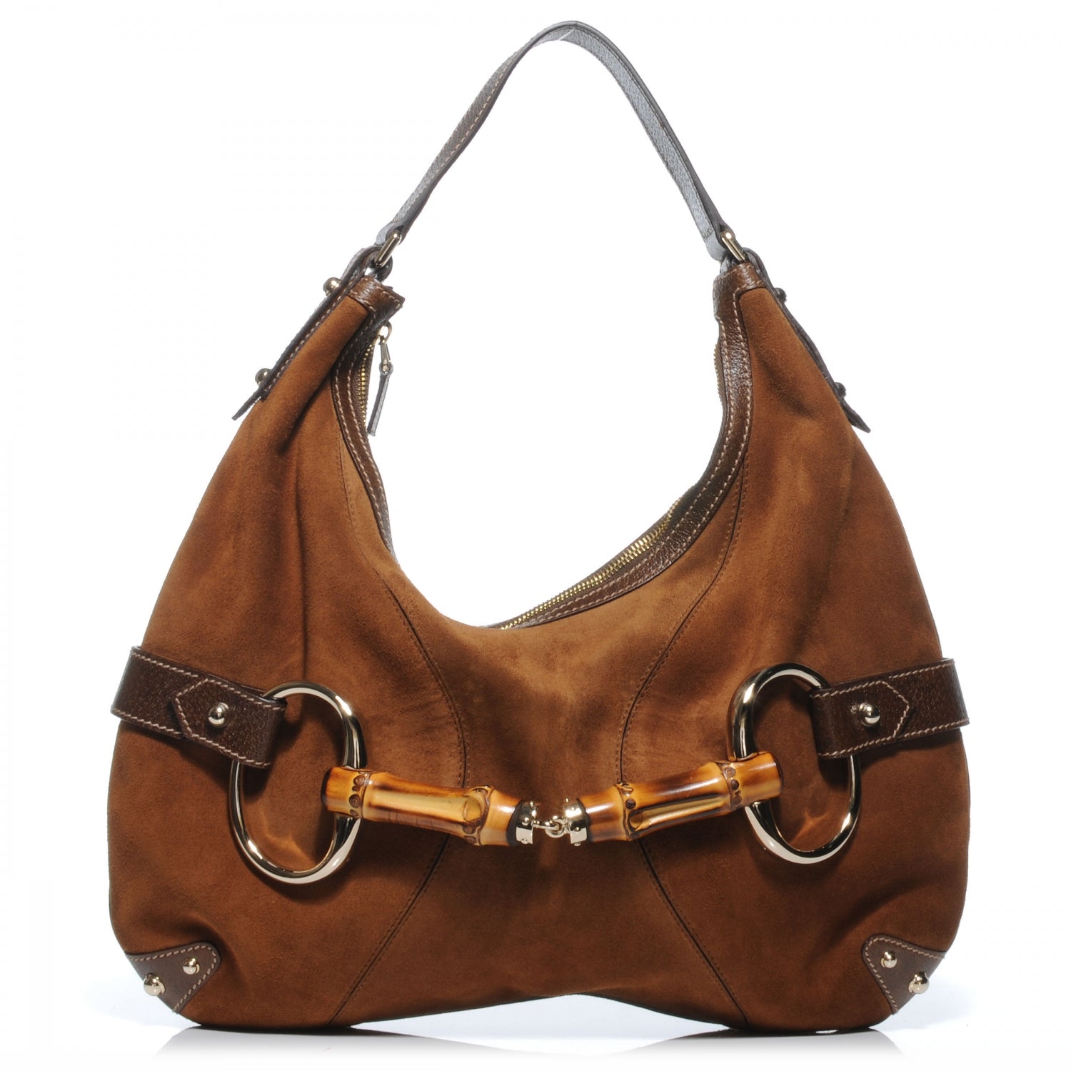 Gucci Suede Bamboo Horsebit Chain Hobo Brown 1 of 7