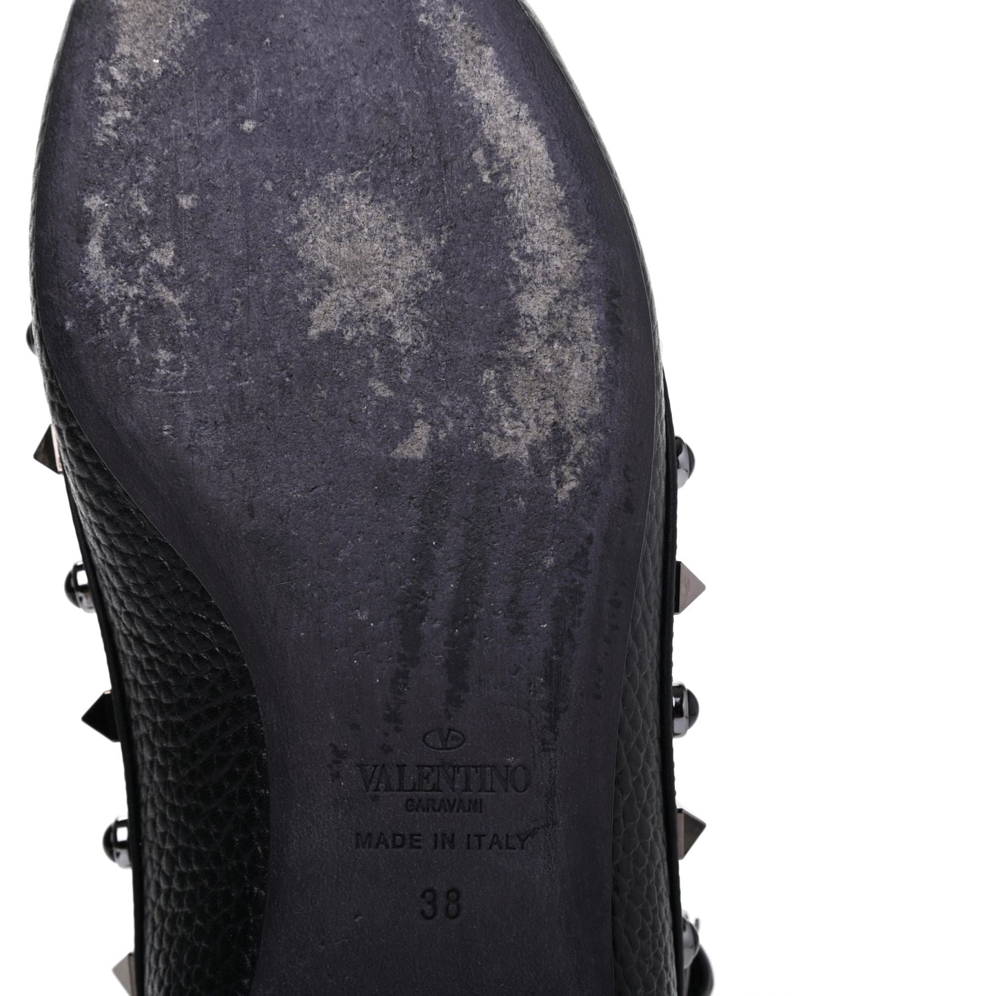 Pebbled Calfskin Onyx Rockstud Rolling Cage Ballerina Flats 38 Black