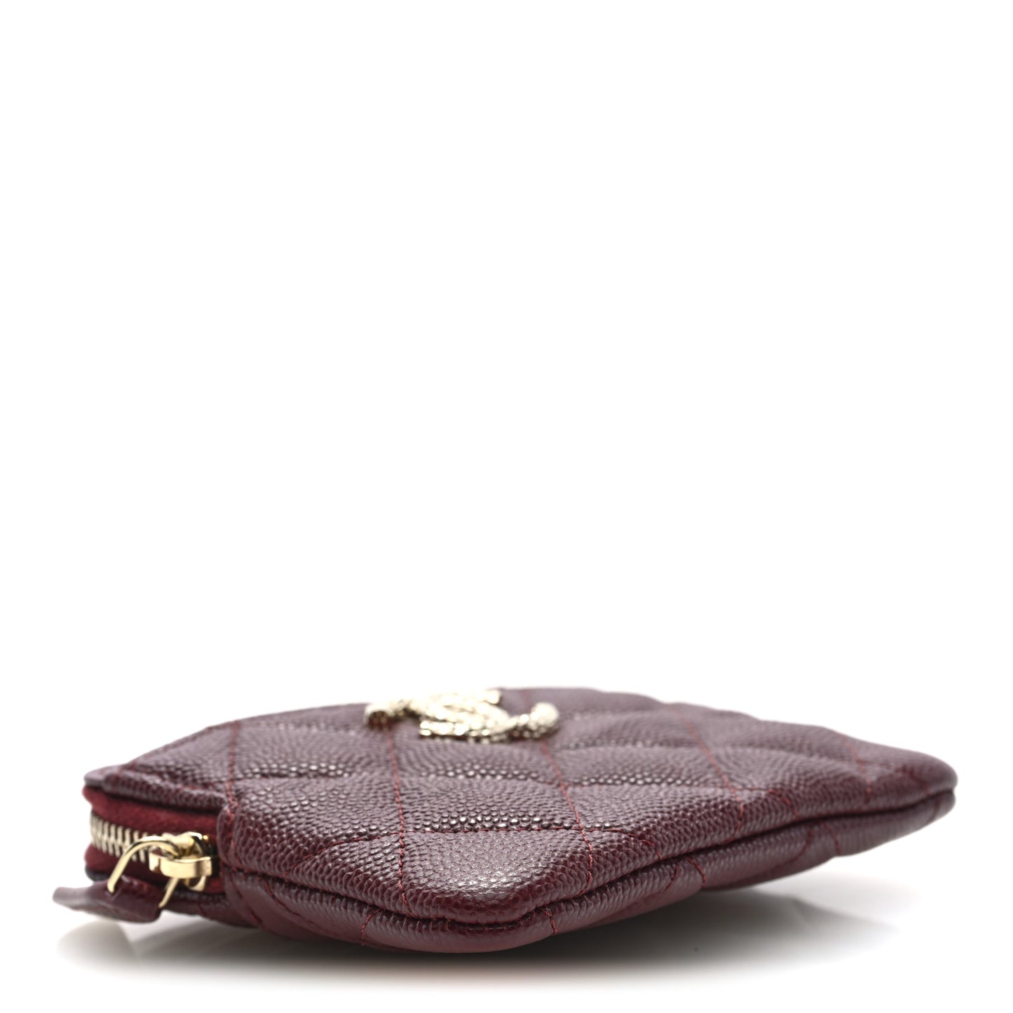 Caviar Quilted Crystal Zip Card Holder Wallet Burgundy