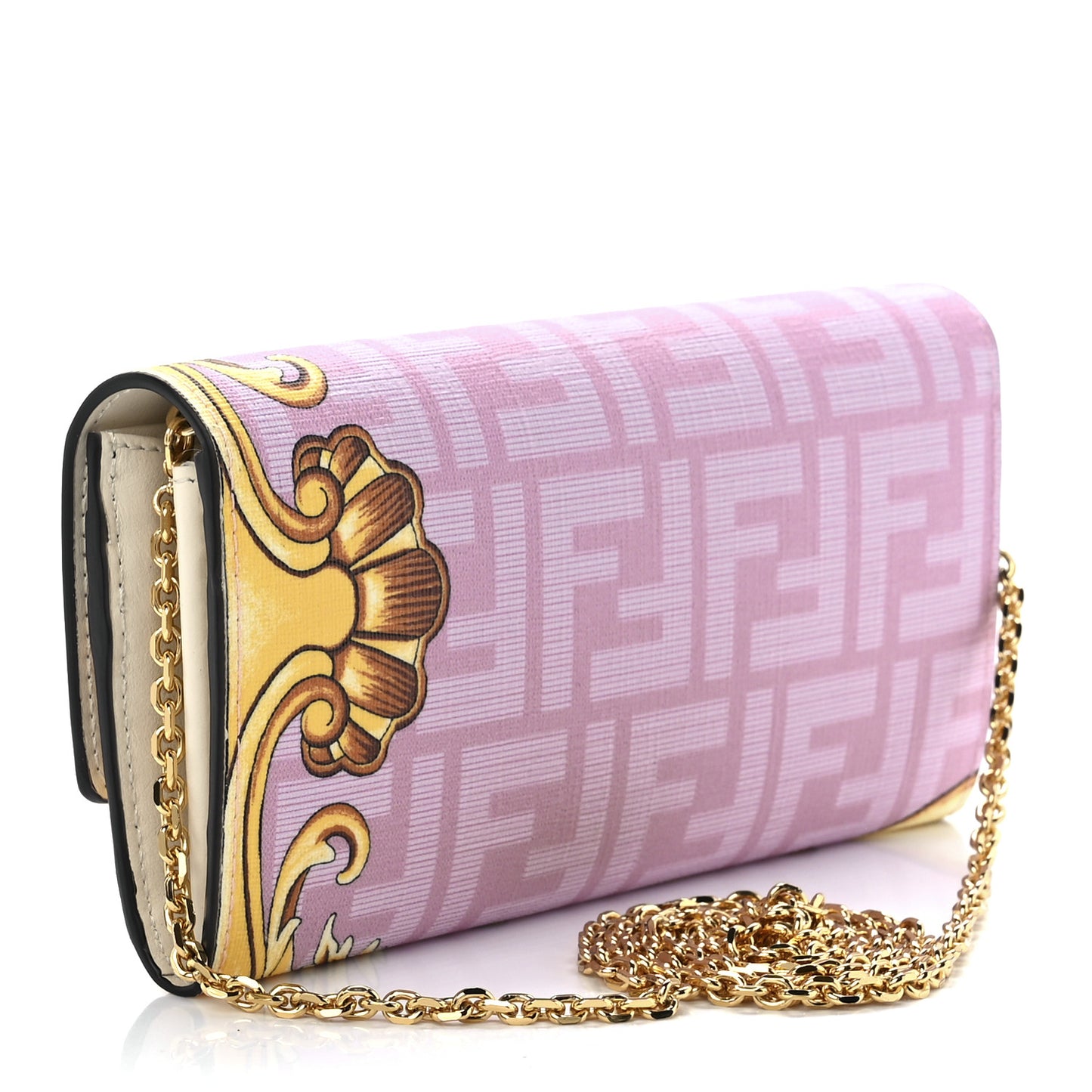 X VERSACE Glazed Fabric Fendace FF Baroque Continental Wallet On Chain Gold White Rosa
