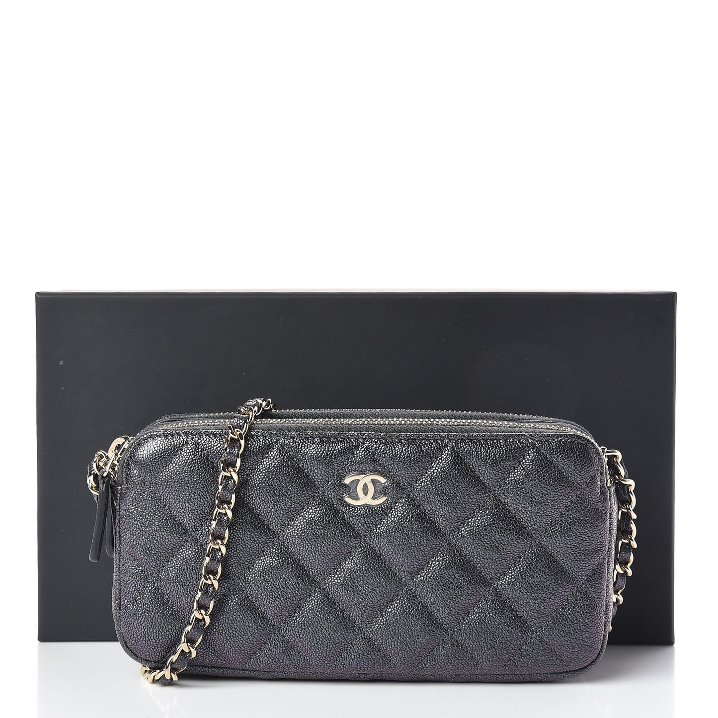 Iridescent Caviar Quilted Clutch With Chain Black
