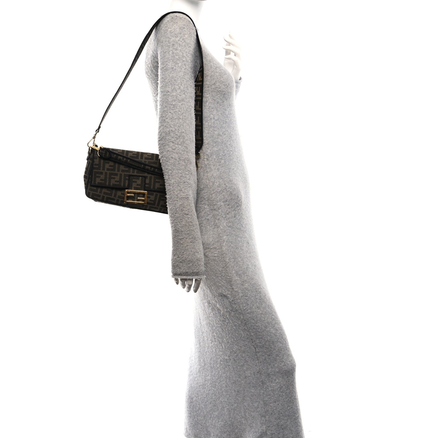 Fendi Fabric Jacquard FF 1974 Medium Baguette Tobacco Moro Black 2 of 11