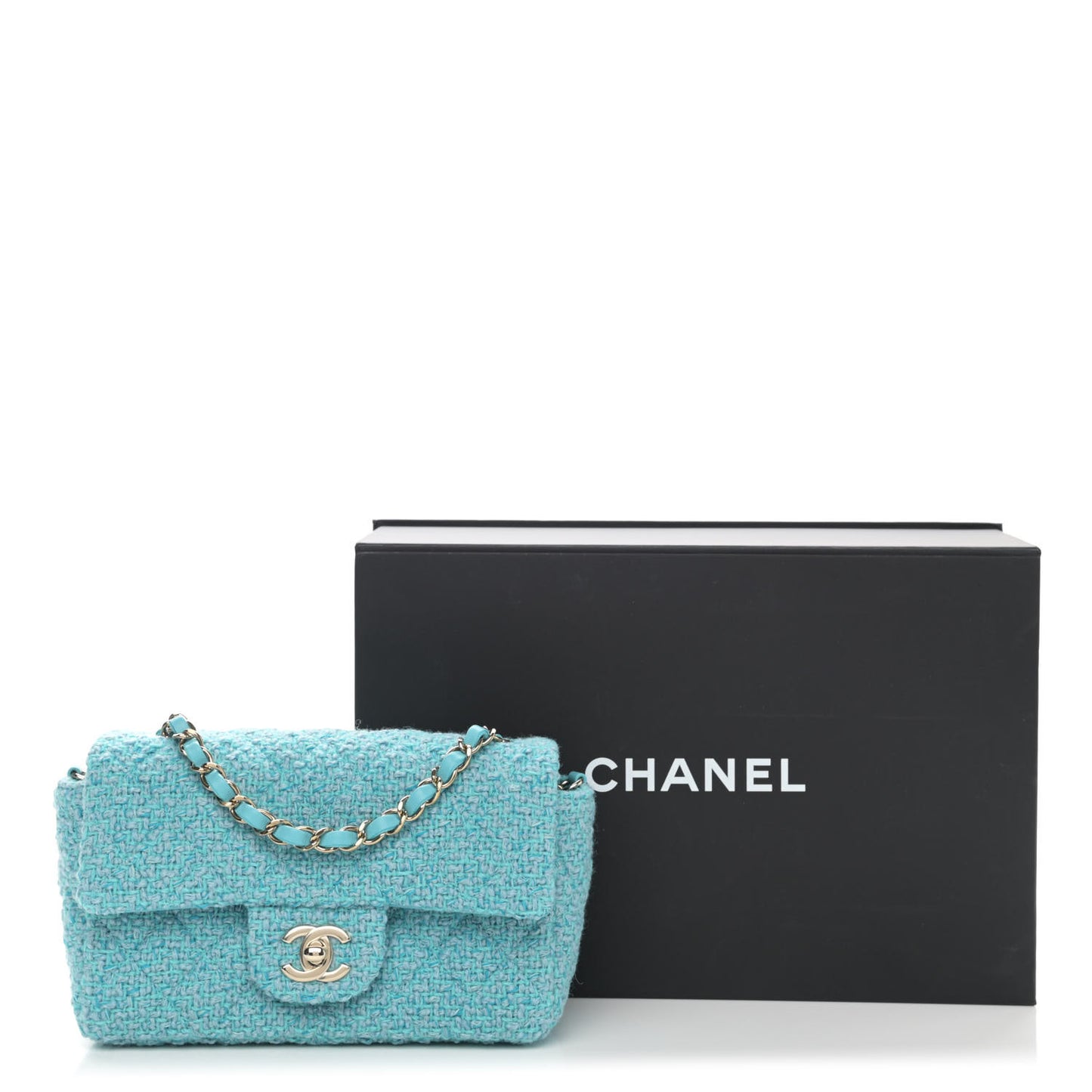 Wool Tweed Quilted Mini Rectangular Flap Turquoise Light Blue