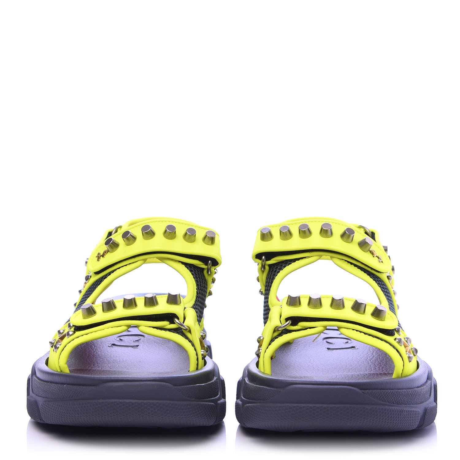 Gucci Technical Canvas Calfskin Studded Mens Aguru Sandals 8 Neon Yellow 2 of 9