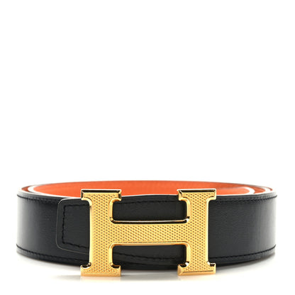 Hermes Box Togo 32mm Guilloche H Belt 85 34 Black Orange 1 of 5