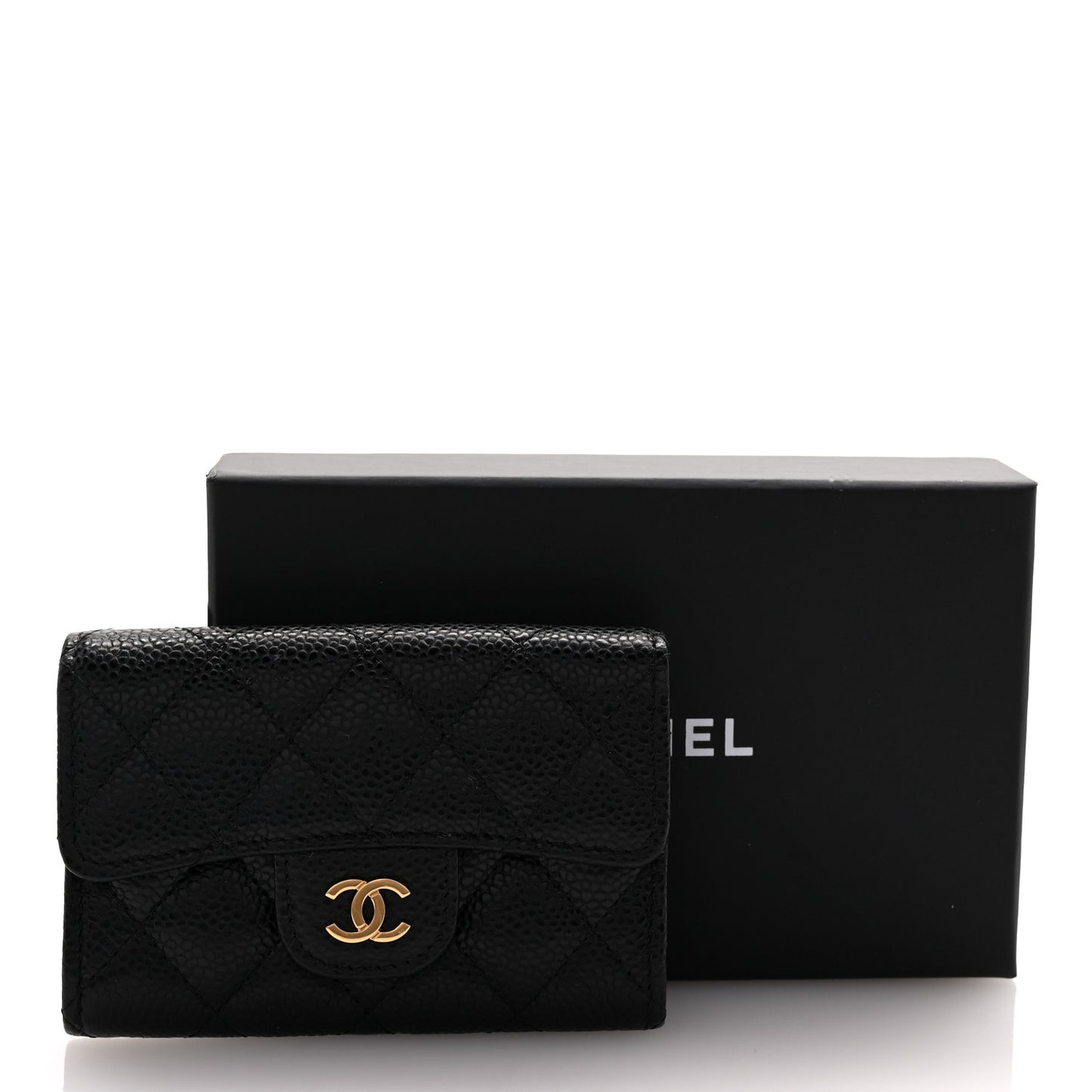 Caviar Quilted Flap Card Holder Wallet Black