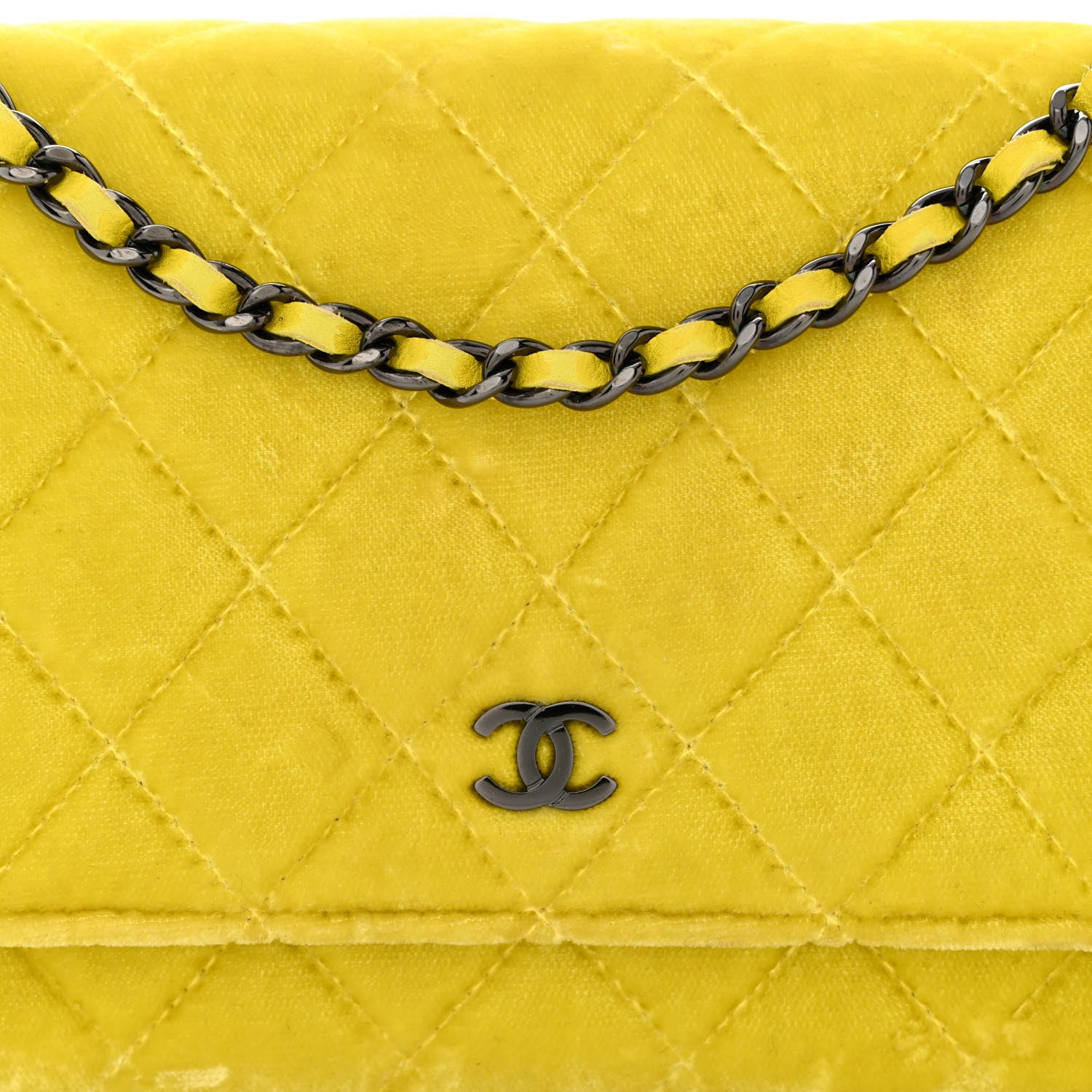 Chanel Velvet Quilted Wallet On Chain WOC Yellow 9 of 15