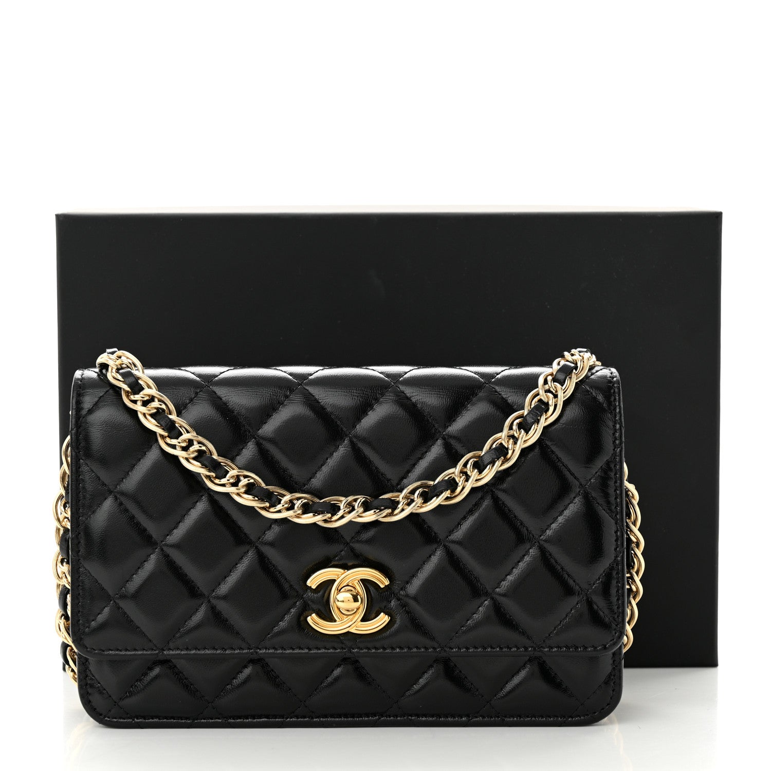 Chanel Shiny Lambskin Quilted Golden Links Wallet On Chain WOC Black 12 of 12
