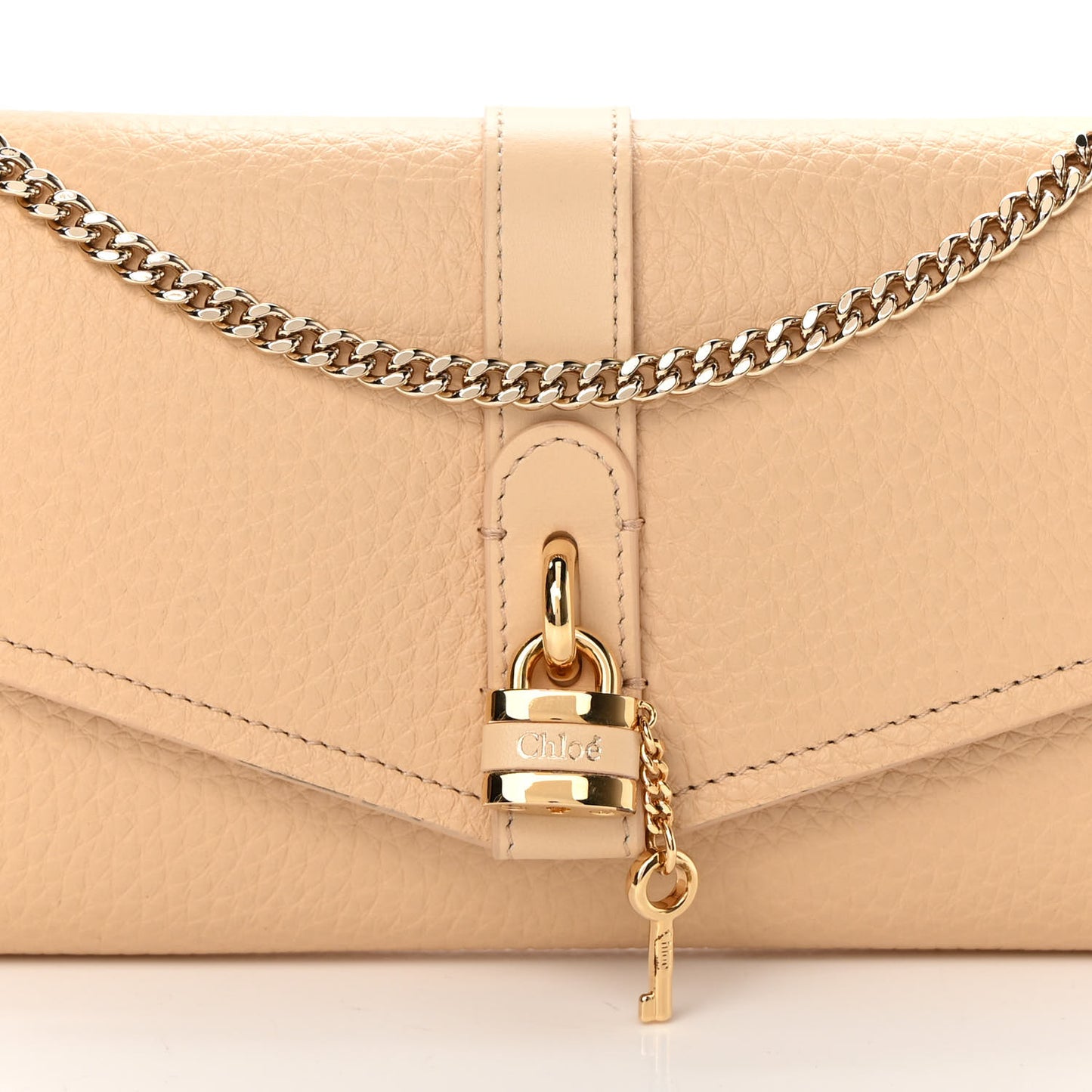 Shiny Grained Calfskin Aby Wallet on Chain Wooden Beige