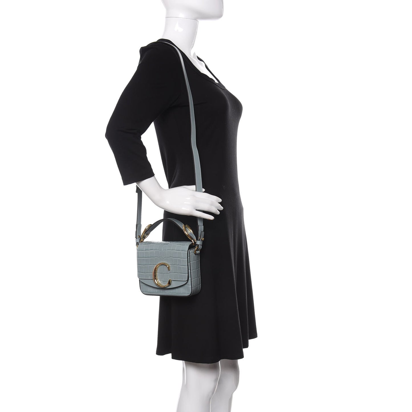 Calfskin Crocodile Embossed Mini C Bag Faded Blue
