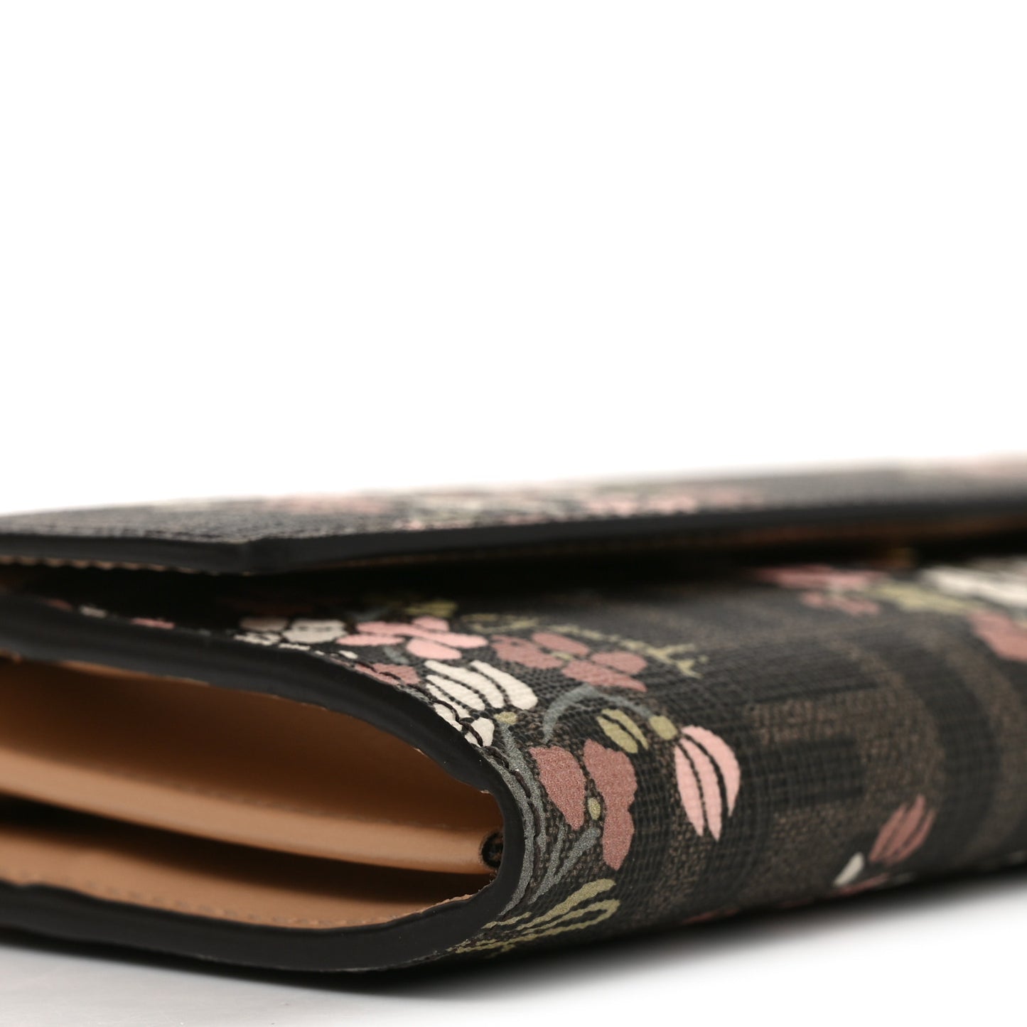 Fabric Jacquard FF 1974 Bouquet Print Continental Wallet On Chain Gold Tobacco Brown