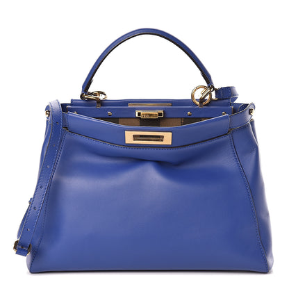 Fendi Vitello Morgan Fabric Jacquard Pequin Medium Peekaboo Iconic Satchel Blue Neon Tobacco 1 of 13