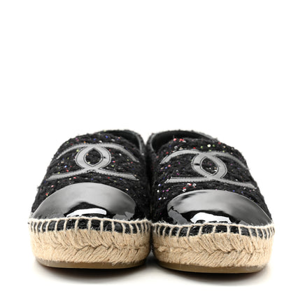 Chanel Tweed Patent Goatskin Sequin CC Espadrilles 38 Black 2 of 9