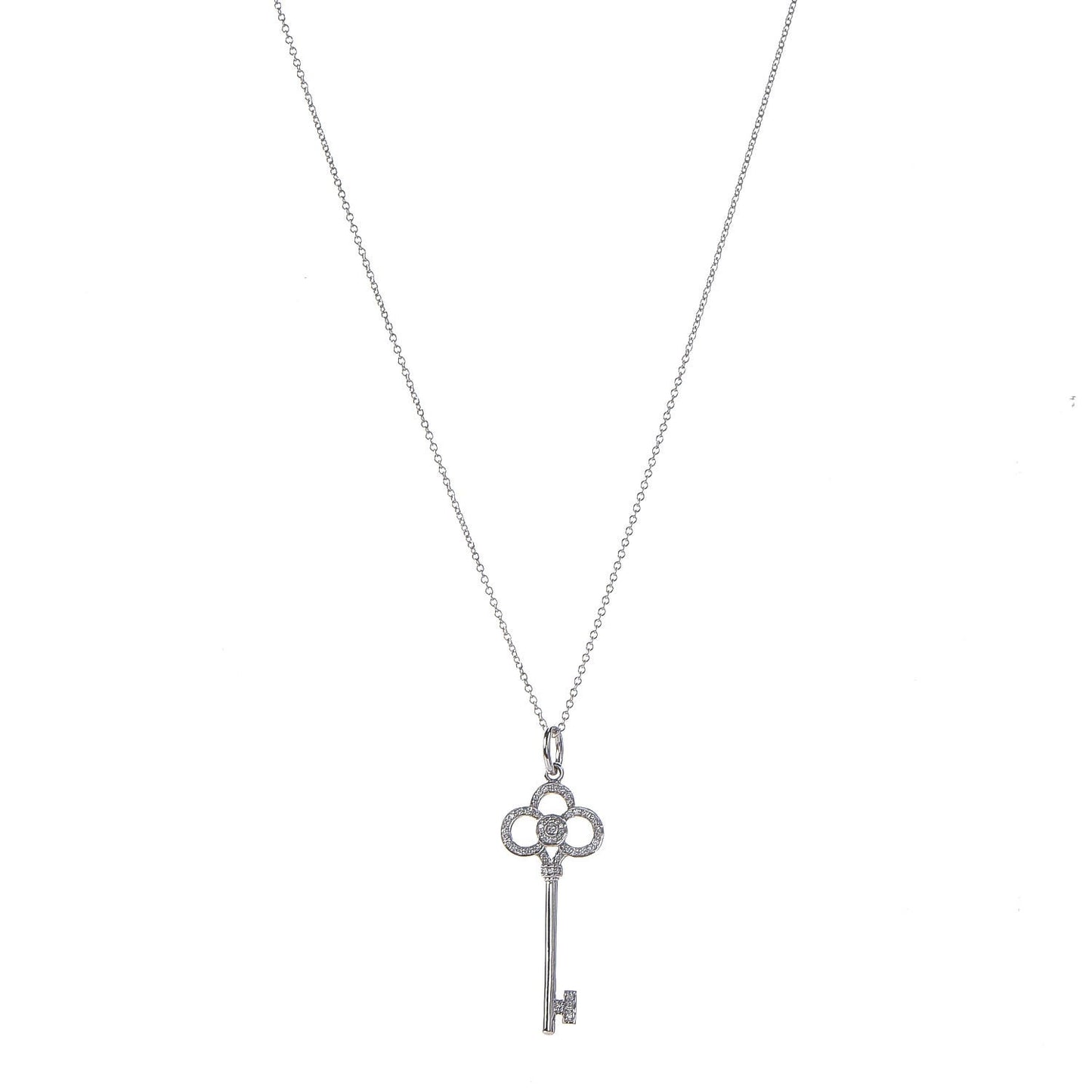 18K White Gold Diamond Crown Key Pendant Necklace