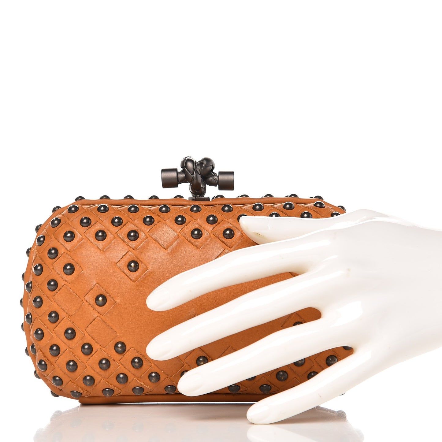 Waxy Nappa Intrecciato Knot Studded Clutch Topaz