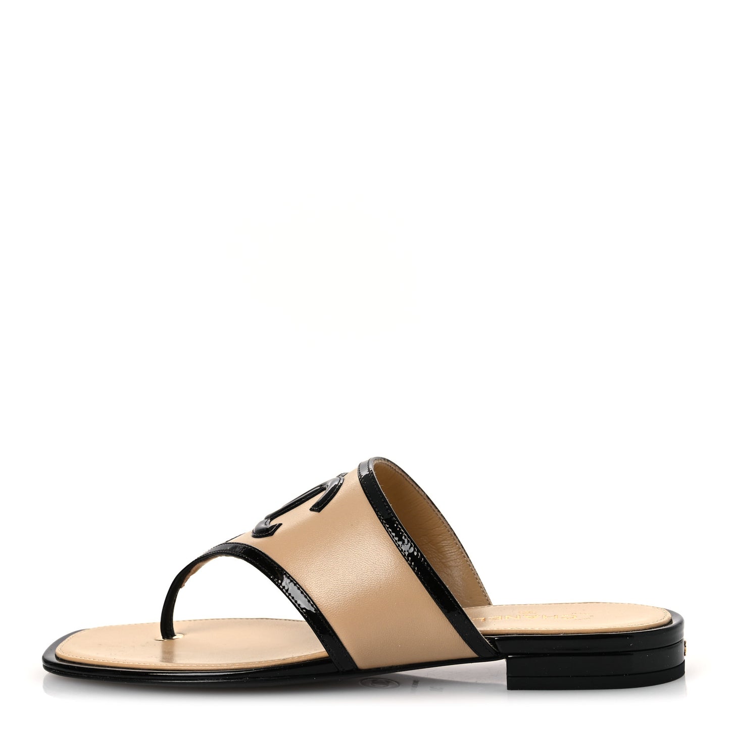 Lambskin Patent Calfskin CC Thong Sandals 38 Beige Black