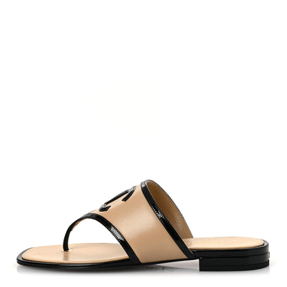 Chanel Lambskin Patent Calfskin CC Thong Sandals 38 Beige Black 1 of 11