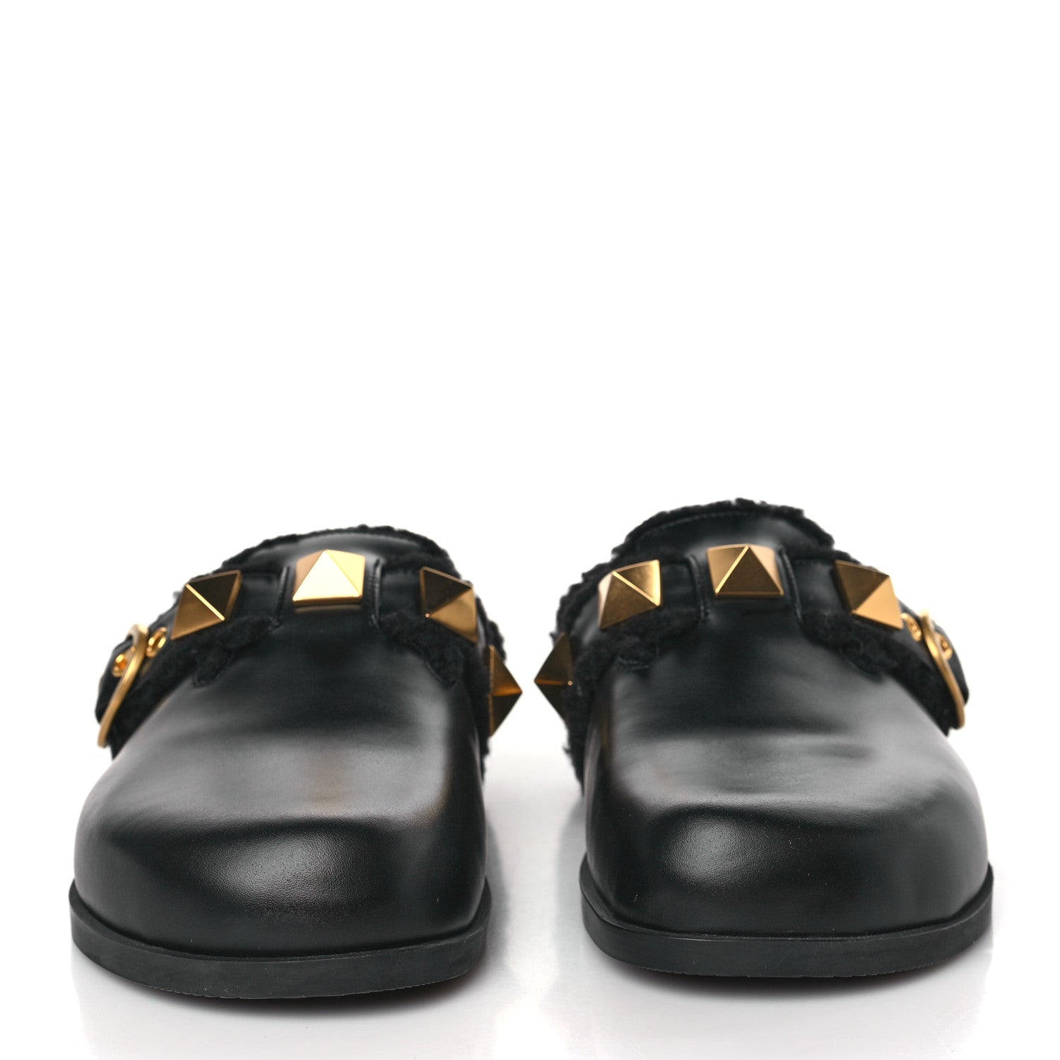 Valentino Garavani Calfskin Shearling Roman Stud River Slippers 36 Black 2 of 7