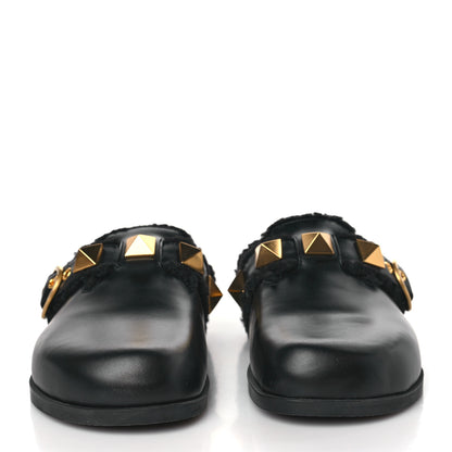 Valentino Garavani Calfskin Shearling Roman Stud River Slippers 36 Black 2 of 7