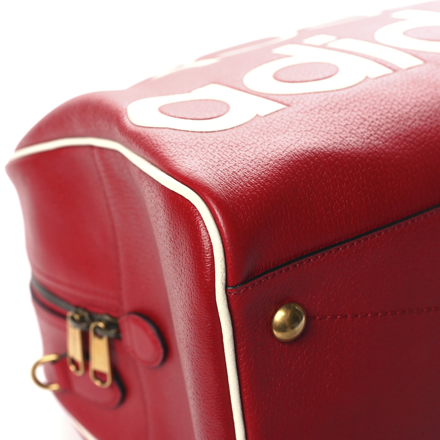 Gucci X ADIDAS Textured Dollar Calfskin Web Trefoil Large Bowling Bag Hibiscus Red Off White 8 of 11