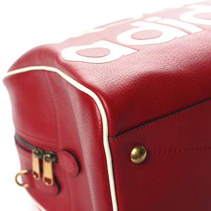 Gucci X ADIDAS Textured Dollar Calfskin Web Trefoil Large Bowling Bag Hibiscus Red Off White 8 of 11