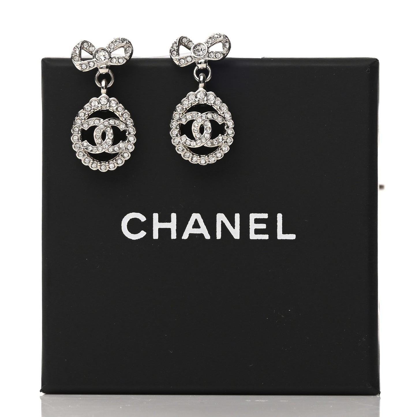 Crystal CC Bow Round Drop Earrings Silver