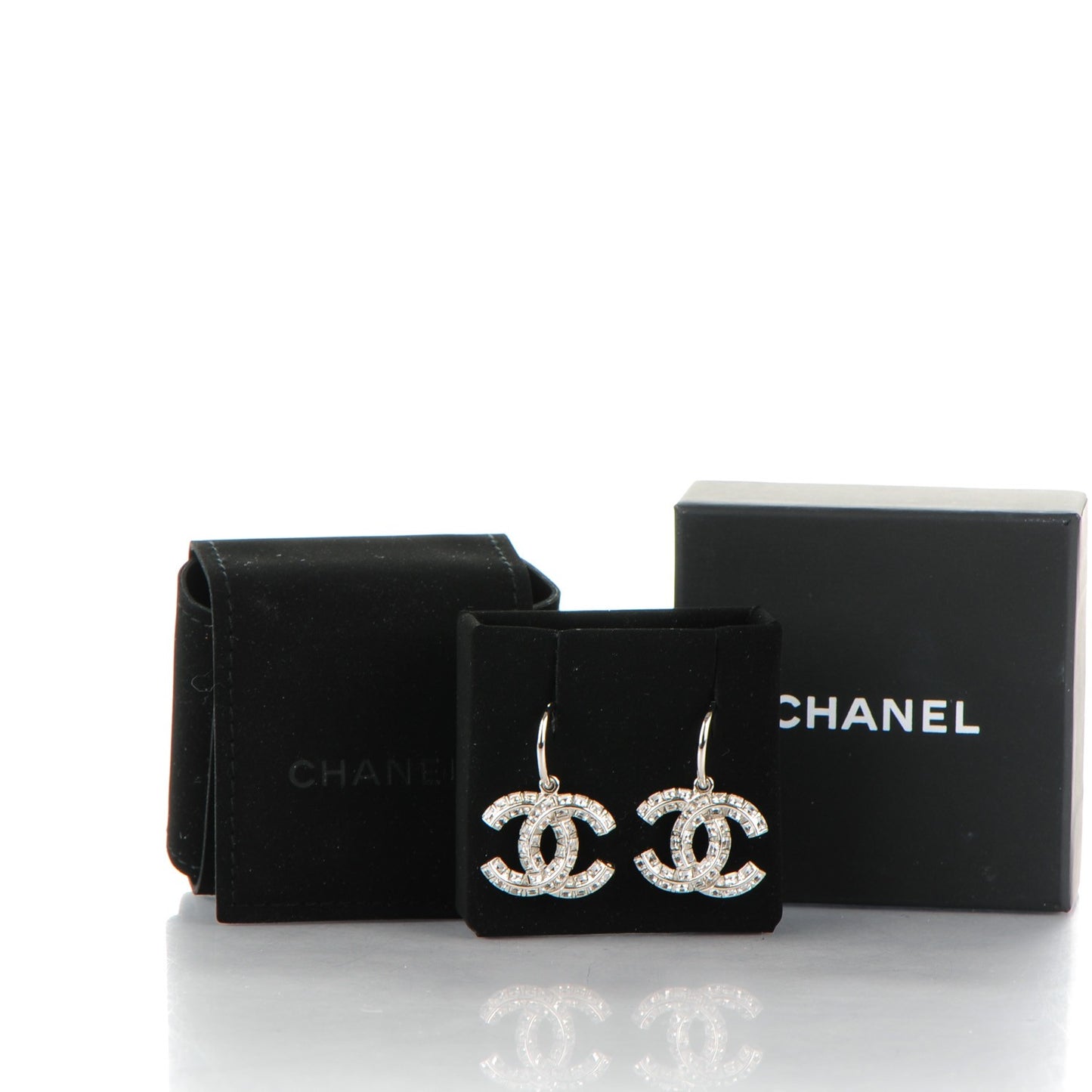 Baguette Crystal CC Drop Earrings Silver