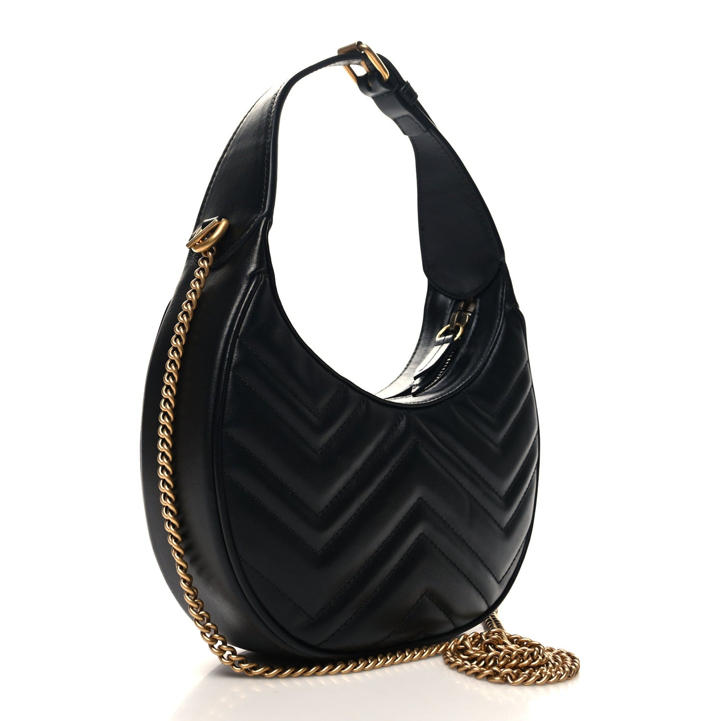 Calfskin Matelasse Chevron Mini GG Marmont Half Moon Hobo Black