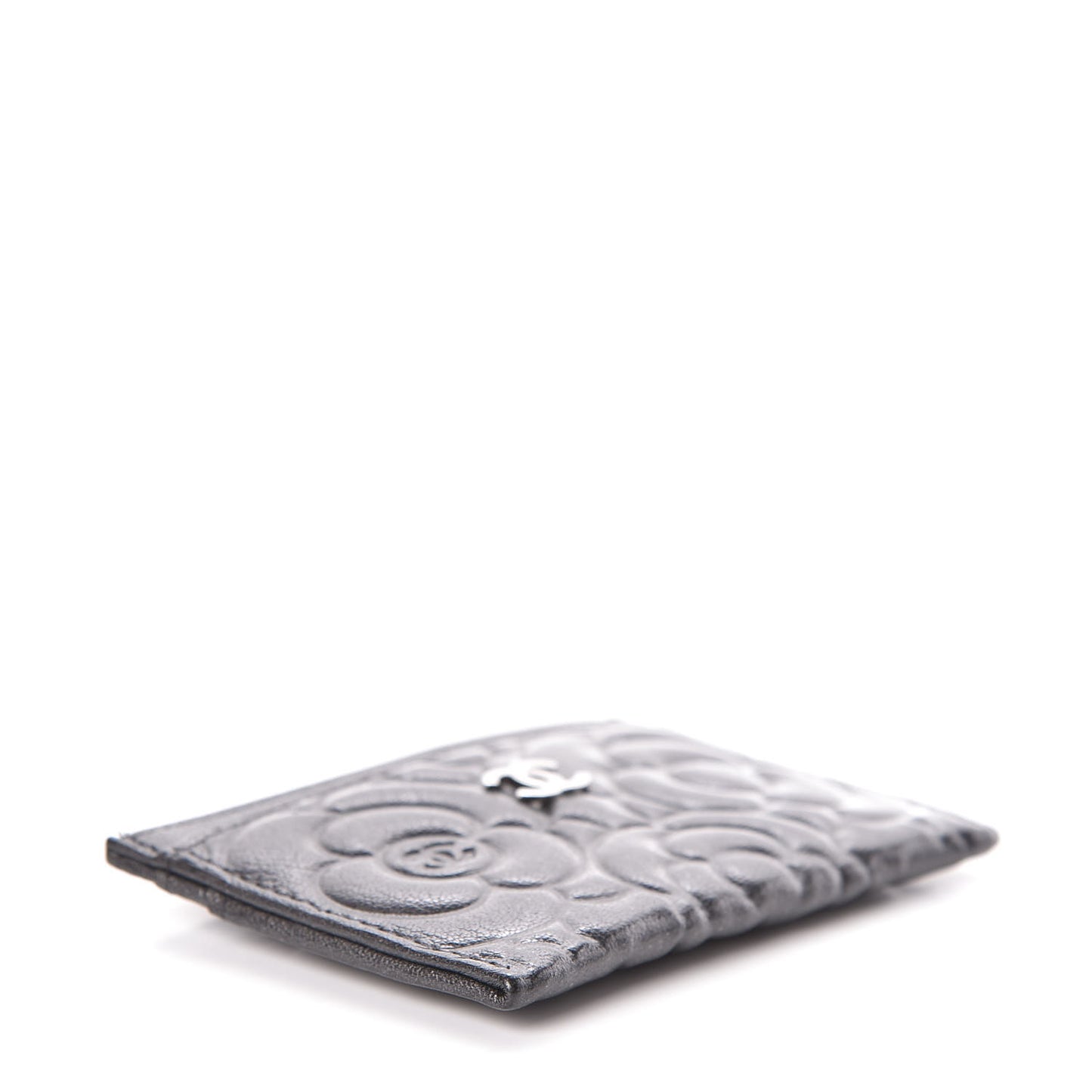 Goatskin Camellia Embossed Card Holder Anthracite
