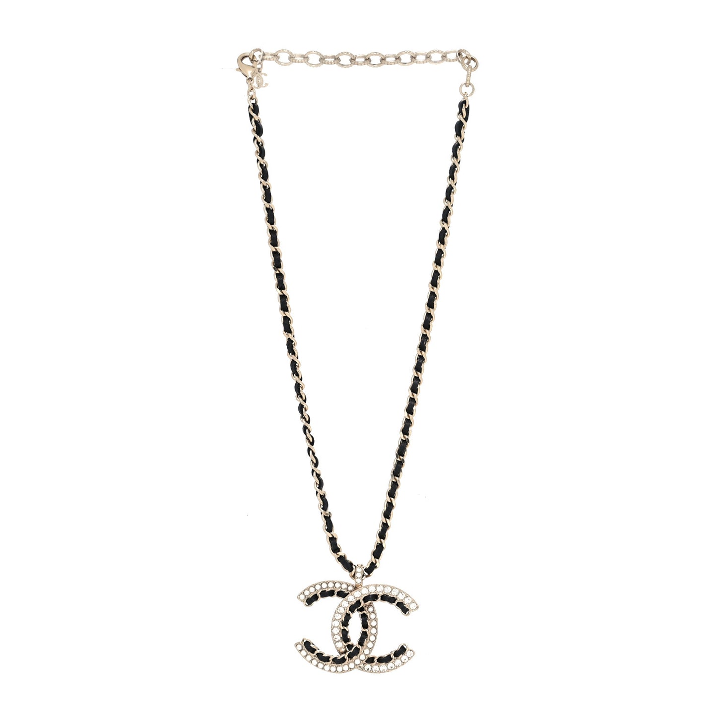 Lambskin Crystal CC Chain Pendant Necklace Black Gold
