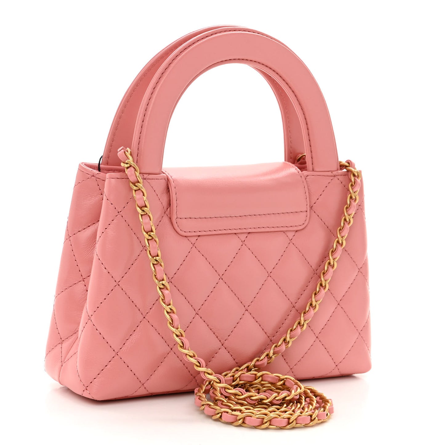Shiny Aged Calfskin Quilted Nano Kelly Shopper Coral Pink