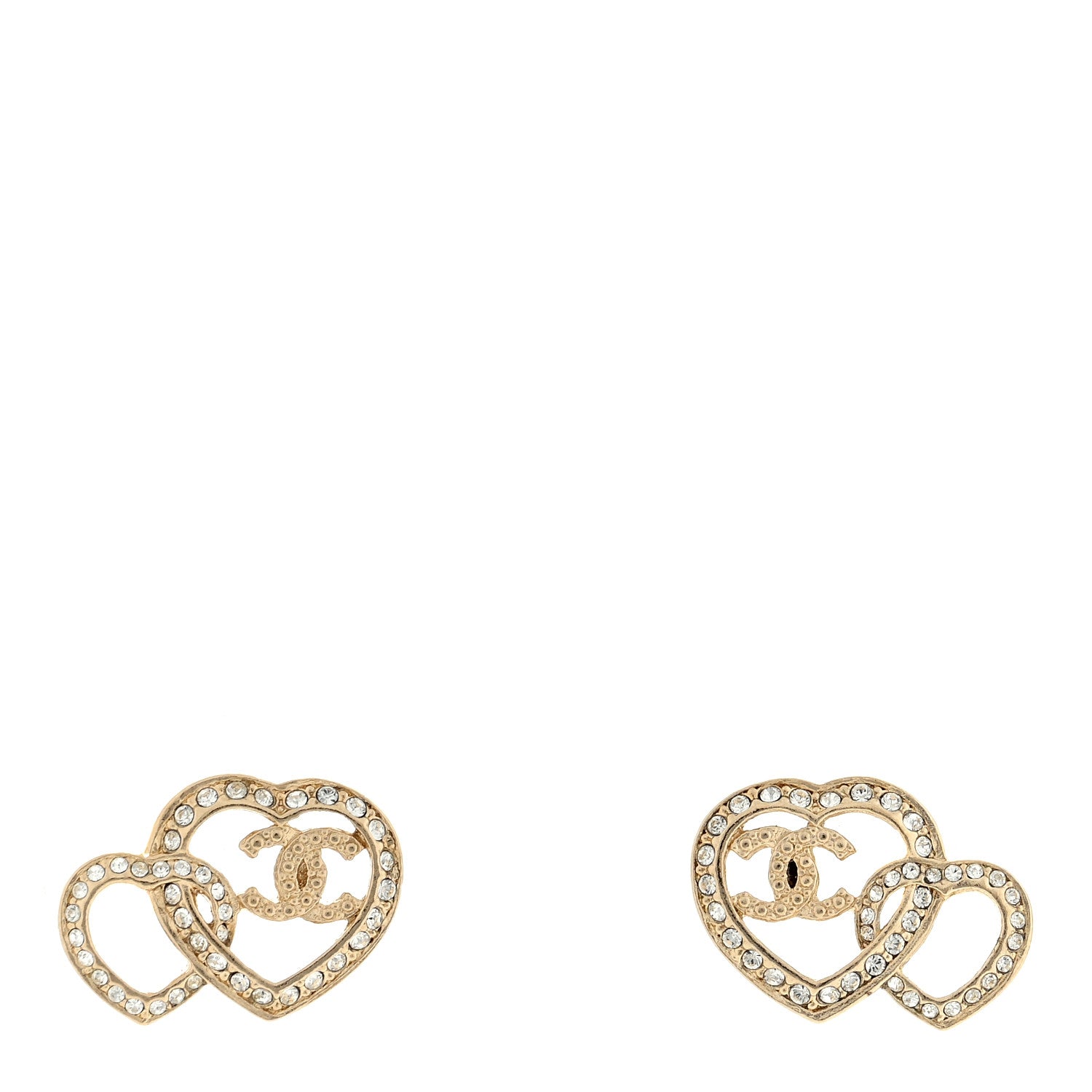 Chanel Crystal Metal CC Double Heart Earrings Gold 1 of 4