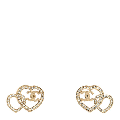 Chanel Crystal Metal CC Double Heart Earrings Gold 1 of 4